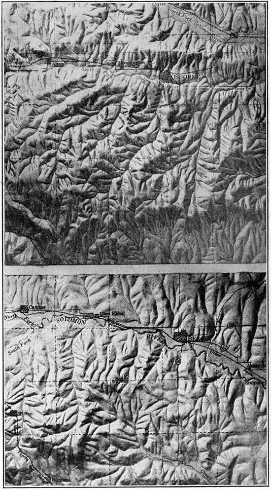 Shaded relief maps of Mitchell and Osborne counties.