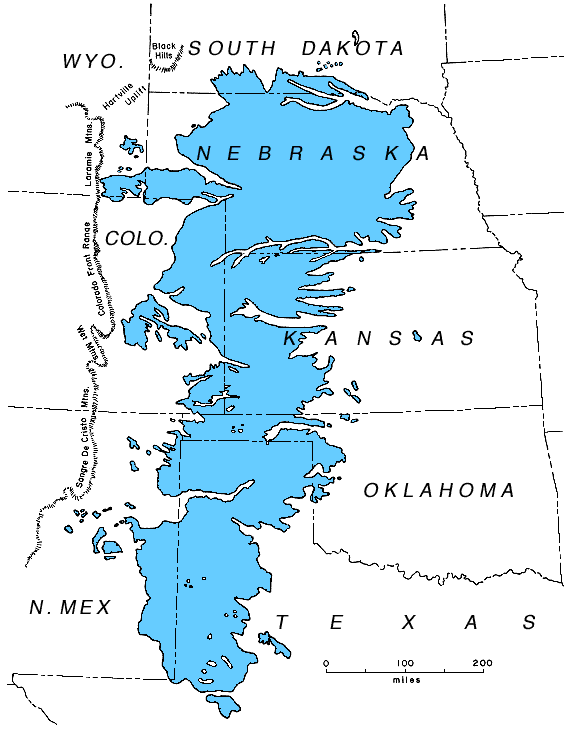 Ogallala stretches from Texas to South Dakota; narrow in central Kansas-Colorado (100 miles) and wider in Nebraska (300 miles).