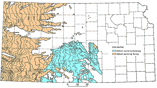 In west, sub-Cenozoic deposits overlain by Tertiary; in east, overlain by Quaternary.