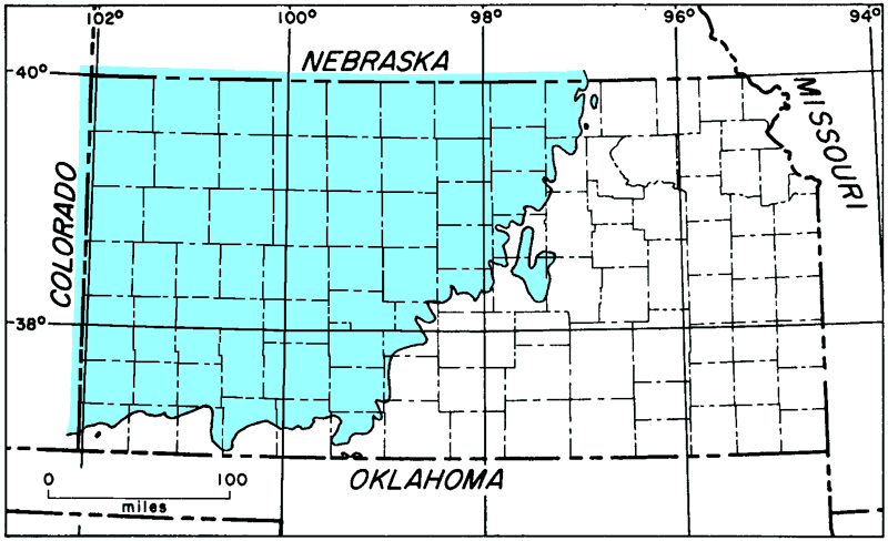 Cretaceous rocks present west of a line from Washington to Comanche counties; not present in southern parts from Morton to Comanche; part of McPherson also indicated.