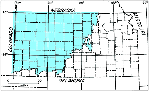 Cretaceous rocks present west of a line from Washington to Comanche counties; not present in southern parts from Morton to Comanche; part of McPherson also indicated.