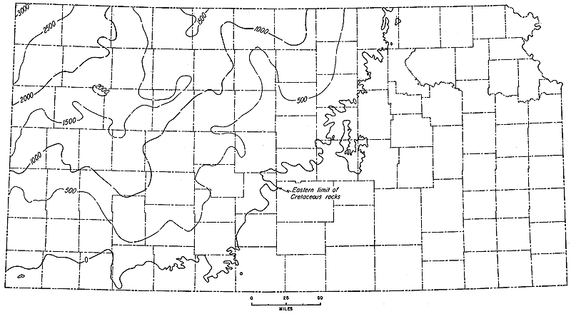 3000 to 2500 feet thick in Cheyenne; 1000-foot line runs from Greeley to 
Finney, then northeast to Jewell