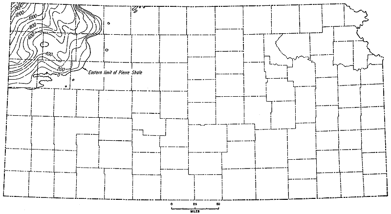 Pierre limited to Cheyenne, Rawlins, Decatur, Sherman, Thomas, west half of 
Sheridan, Wallace, Logan, and northwestern Gove; thickes up to 1500 in far-northwest 
Cheyenne.