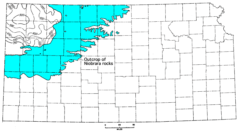 Niobrara limited to same counites as Pierre in subsurface; outcrop belt 
extends from NW corner to line of counties that goes from Greeley to Ness 
to Jewell.