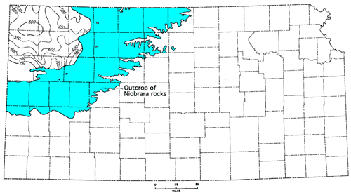 Niobrara limited to same counites as Pierre in subsurface; outcrop belt extends from NW corner to line of counties that goes from Greeley to Ness to Jewell.