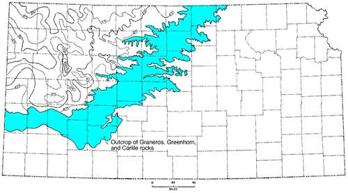 Greatest thickness of 425 contoured in Gove; outcrops in wide band from Hamiton east to Ford and Hodgeman; Northeast to Rush and Republic.