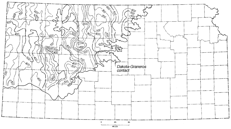 Greatest thickness of 800 contoured in eastern Finney; that rise stretches north through western sides of Lane and Gove; 800 also in central Trego oand southern Graham.