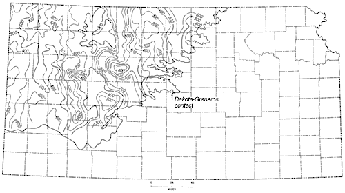 Greatest thickness of 800 contoured in eastern Finney; that rise stretches north through western sides of Lane and Gove; 800 also in central Trego oand southern Graham.