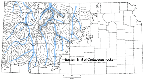 Elevation ranges from 3000 in southwest to 500 in northwest; general trend slopes to North.