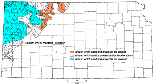 Present in northwest corner; chert and anhydrite are present in far northwest; both are absent in eastern part of range.