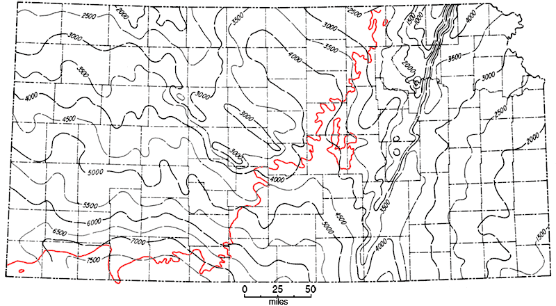 Thickness of over 7500 feet in southwest, 2000 in northwest, and 1000 on northwest side of Nemaha uplift (4000 on northeast side).