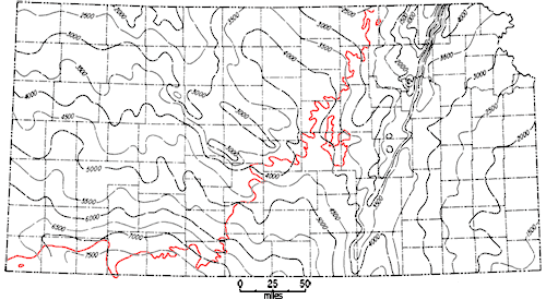 Thickness of over 7500 feet in southwest, 2000 in northwest, and 1000 on northwest side of Nemaha uplift (4000 on northeast side).