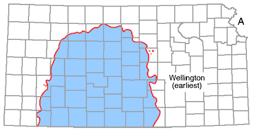 Wellington present in west-central Kansas not including top tier counties; west and north of Sumner; east and north of Seward.
