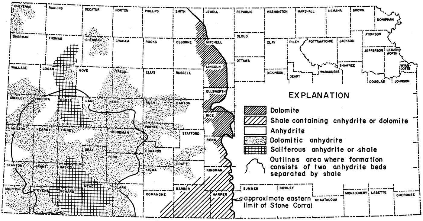 Dolomite in far east (Rice, Elsworth, Lincoln, Mitchell); dolomitic anhydrite in much of area; anhydrite mostly in north.