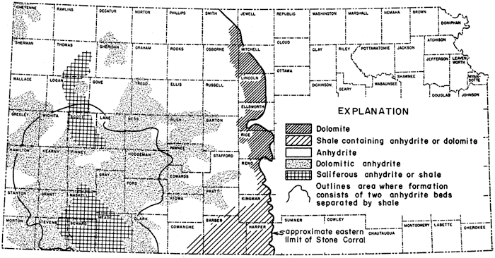 Dolomite in far east (Rice, Elsworth, Lincoln, Mitchell); dolomitic anhydrite in much of area; anhydrite mostly in north.