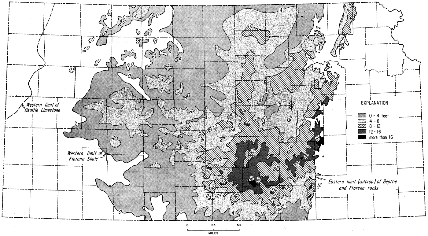 Present in middle half of state, but at 0-4 feet thick in much of western and northern extent, grows to 12 feet in south-central counties.