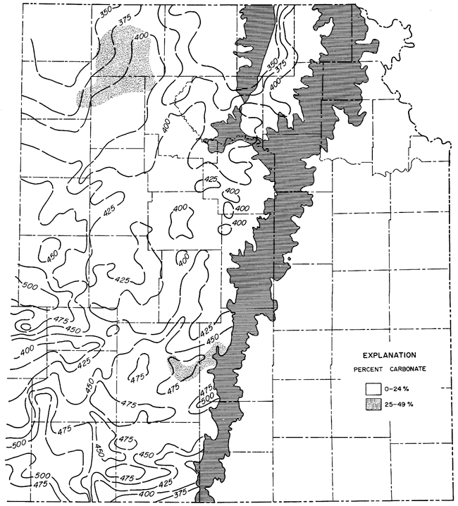 Wabaunsee Group carboante percentage mostly 0-24%; areas of 25-49% in Butler and Greenwood counties, and in Washington, Clay, Cloud, and Riley counties.