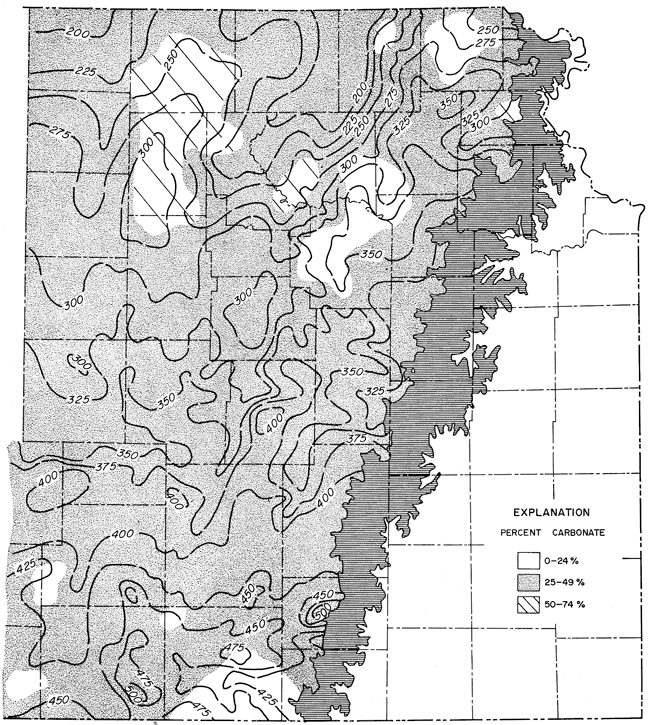 Percent carbonate highest in northern part of Kansas, but low-carbonate zones located in south and north areas.