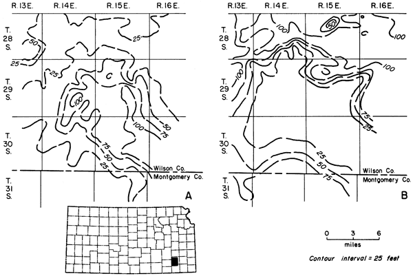 Plattsburg Ls as thick as 100 feet in southern Wilson, thins to northwest; Vilas Shale as thick as 75-100 feet, thins in center of area, thicker to outside.