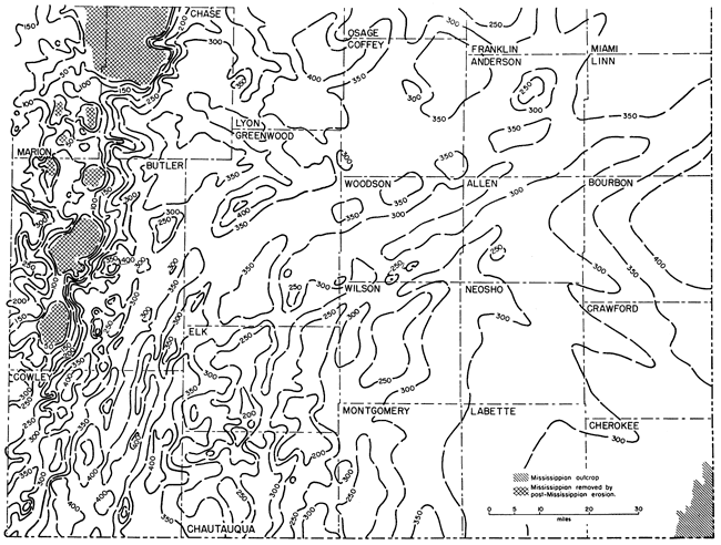 Mississippi lime as thick as 400 feet in Cowley, Butler, Lyon; thins to 200 in Chautauqua, Chase, and Marion; 250 to 300 feet in much of SE.