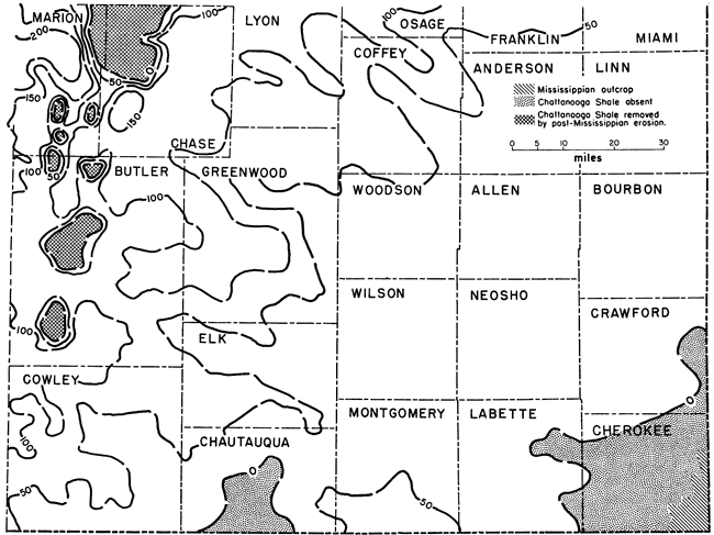 Chattanooga Shale as thick as 200 in Marion, thins to southeast with 50 foot line in Cowley, Chautauqua, Elk, Greenwood, Coffey, and Franklin counties.
