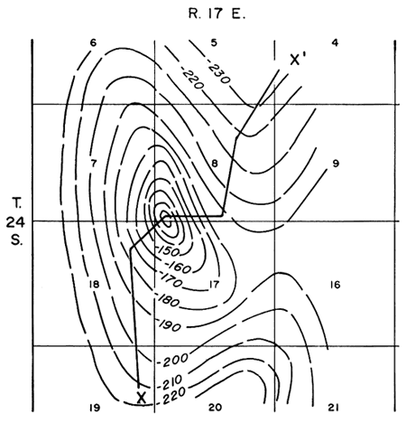 Structure map shows high of -15 dropping to -220 feet.