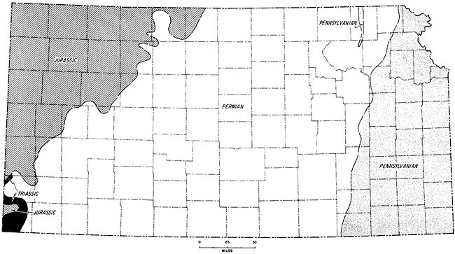 Pennsylvanian in eastern third; Permian in most of Kansas; Jurassic in NW; Triassic in far SW.