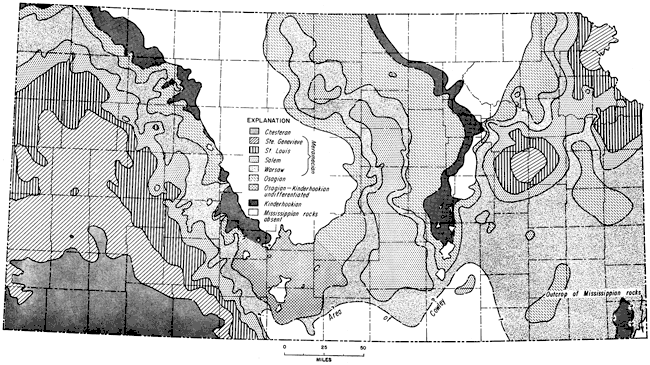 Map of Mississipian rock units underlying Pennsylvanian.