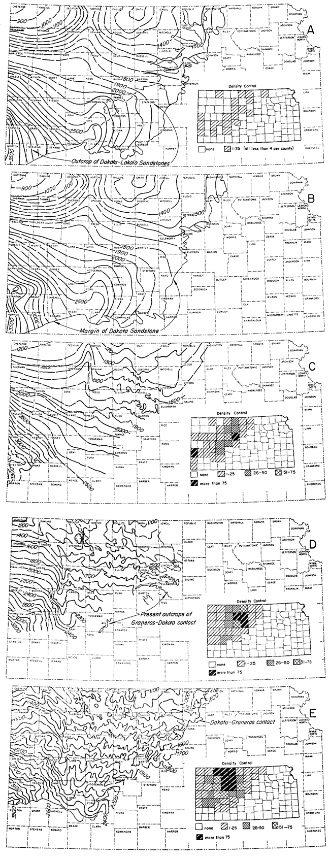 Five maps of Kansas showing different interpretations of the structure of the Cretaceous.