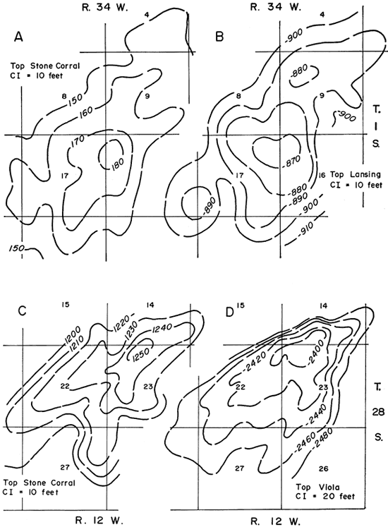 Four structure maps for Cahoj and Chitwood fields; top of Stone Corral, Lansing, and Viola.