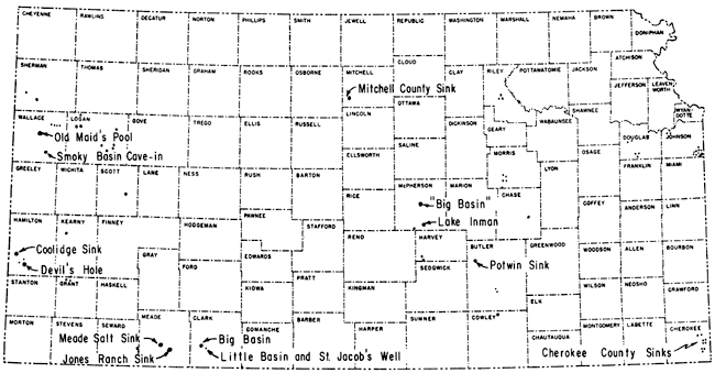 Old Maids Pool and Smoky Basin Cave-in in Wallace Co., Coolidge Sink and Devils Hole in Hamilton, Meade Salt and Jones Ranch sinks in Meade, Big Basin, Little Basin, and St. Jacobs well in Clark, Mitchel County sink, Big Basin and Lake Inman in McPherson, and Cherokee County sinks; many others not labeled.