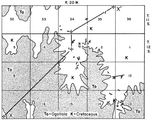 Ogallala in W2, SW far SE part of NW Ellis Co.; Cretaceous in North and NE part.