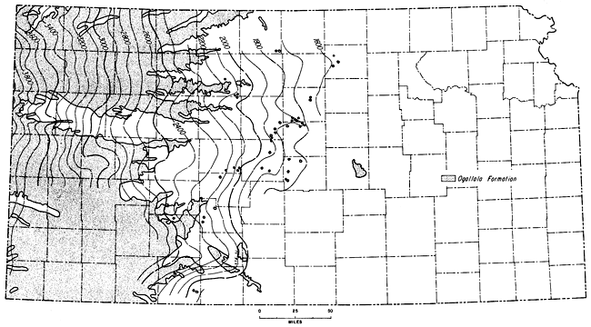 Structure on top of Algal limestone; elevation of 1600 in Cloud and Mitchell counties; rises to 3800 feet in counties bordering Colorado.