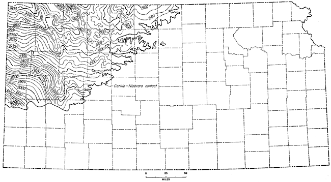 Structure on base of Niobrara Fm; as high as 1500 in north-central, 3400 in far western counties; does not occur east of line from Hamilton to Finney to Ellis to Mitchell and Jewell counties.