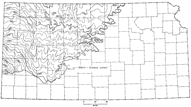 Structure on top of Dakota Gp; as high as 1400 in north-central, 3400 in far western counties; does not occur east of line from Hamilton to Gray and Ford to Barton to Republic and Washington counties.