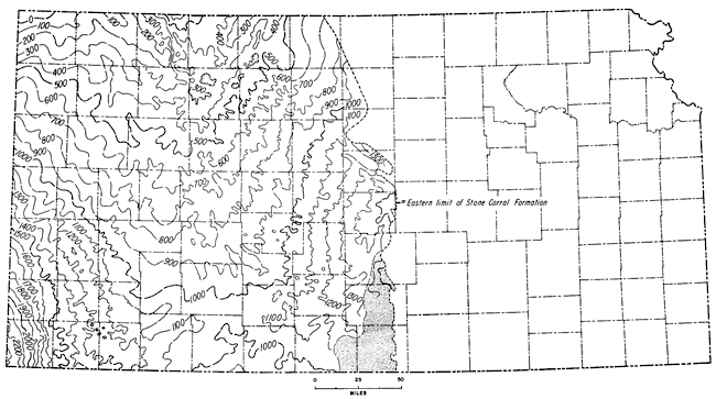 Structure on top of Stone Corral Fm; as high as 0-100 in Cheyenne and Rawlins counties, 2000 in Morton; does not occur east of line from Harper to Jewell counties.