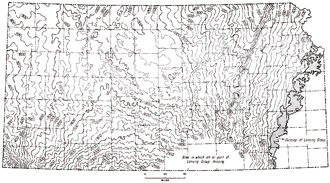 Structure on top of Lansing Group; as high as 700 in NE counties to -2500 in Clark and Comanche; does not occur in Harper, Sumner, and Cowley; crops out in line from Montgomery to Wyandotte.