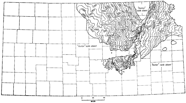 Structure on top of Hunton; missing in most of state; -400 in northern part of Marshall and Washington and -2200 in Sedgwick and Butler, -700 to 800 in Wyandotte, Johnson, Douglas.