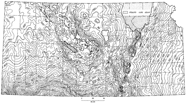 Structure on top of Arbuckle; missing in Pottawatomie and Riley and north, and small parts of Central Kansas Uplift; present everywhere else.