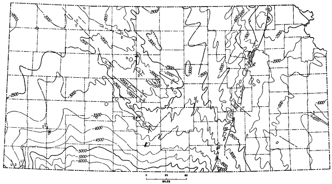 Structure on top of Precambrian; as deep as -6000 in southwest, as high as 0 on west side of Nemaha uplift.