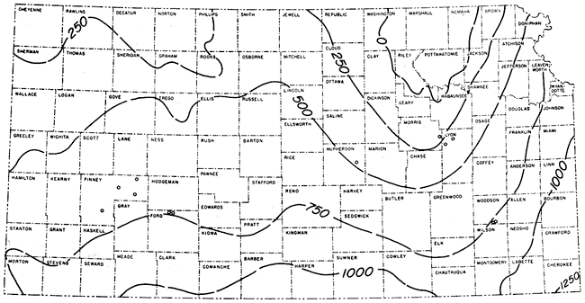 Isopach map between top of Precambrian and top of Arbuckle; Zero line in NE Kansas, thickens to 1000 in southern Kansas.
