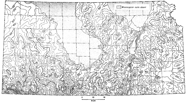 Isopach map between top of Arbuckle and top of Mississippian; as thick as 1800 feet in southwest Kansas, 1300 in far NE, thickness at 200 feet in SE and NW.