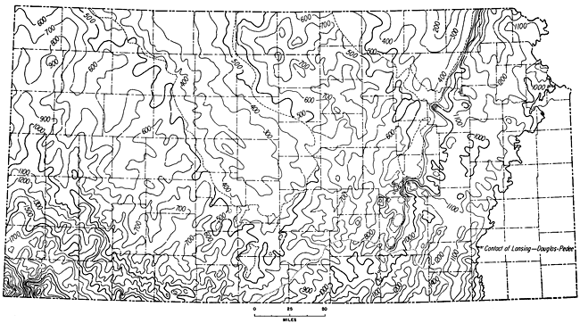 Isopach map between top of Mississippian and top of Lansing Group; as thick as 2000 feet in southwest Kansas, 200 in NE.