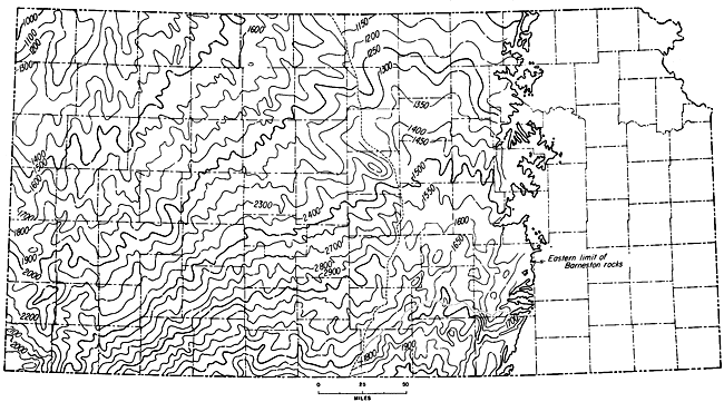 Isopach map between top of Lansing Group and top of Stone Corral Fm; as thick as 2000 feet in southwest Kansas, 1000 feet in NW and east-central Kansas.