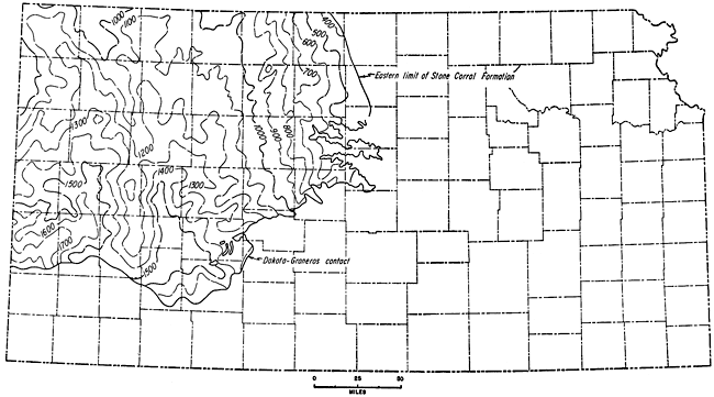 Isopach map between top of Stone Corral Fm and top of Dakota Group; as thick as 1700 feet in west-central Kansas, 400 feet in north-central Kansas; not present in southern or eastern Kansas.