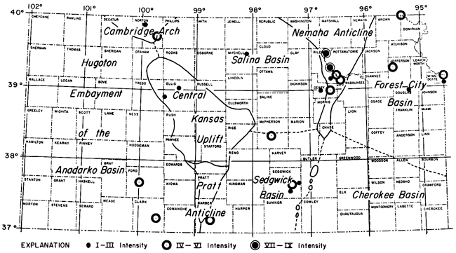 Kansas map showing earthquake epicenters; strongest ones in Nemaha Anticline area.