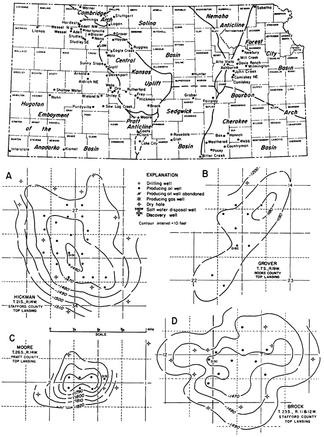 Four structural maps on oil and gas fields and index map of Kansas.