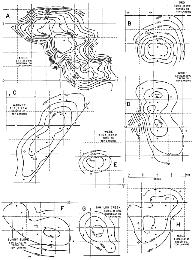 Eight structural maps on oil fields.