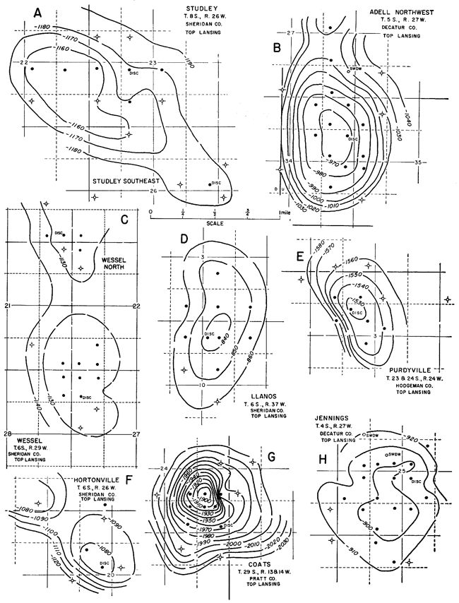 Eight structural maps on oil fields.