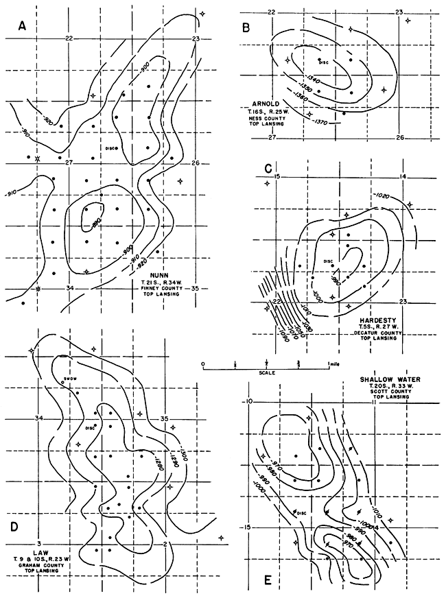 Five structural maps on oil fields.